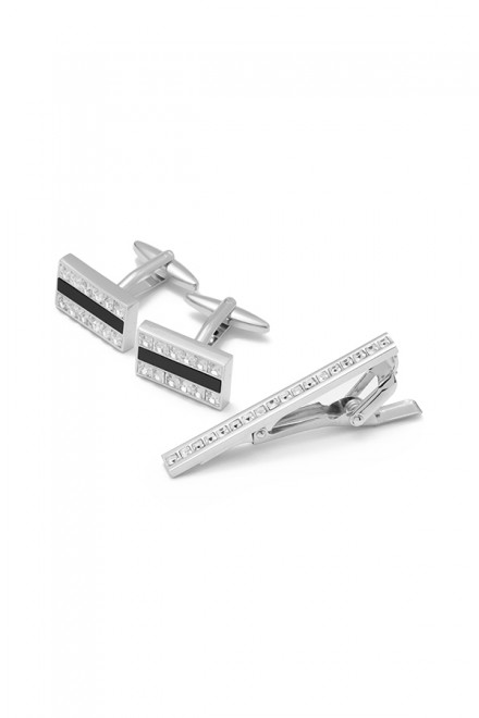 Silver With Black Cufflinks and Tie Bar