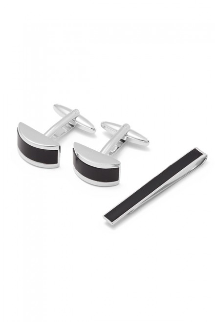 Rounded Black Striped Cufflinks with Tie Bar